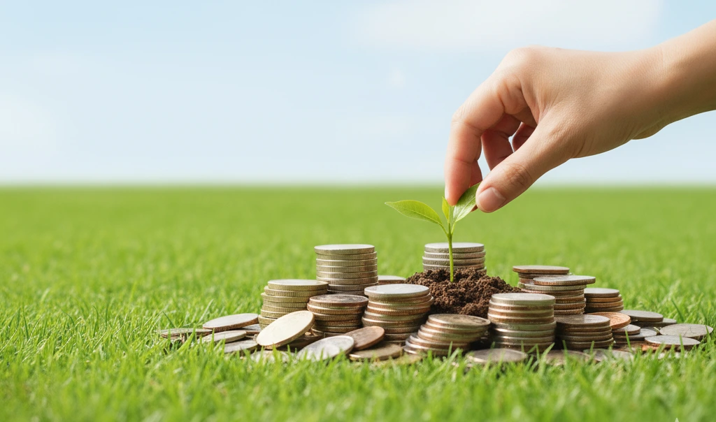 Ilustrasi pengertian sedekah berupa tangan menanam bibit di atas tumpukan koin sebagai simbol kebaikan yang tumbuh dan berlipat ganda.