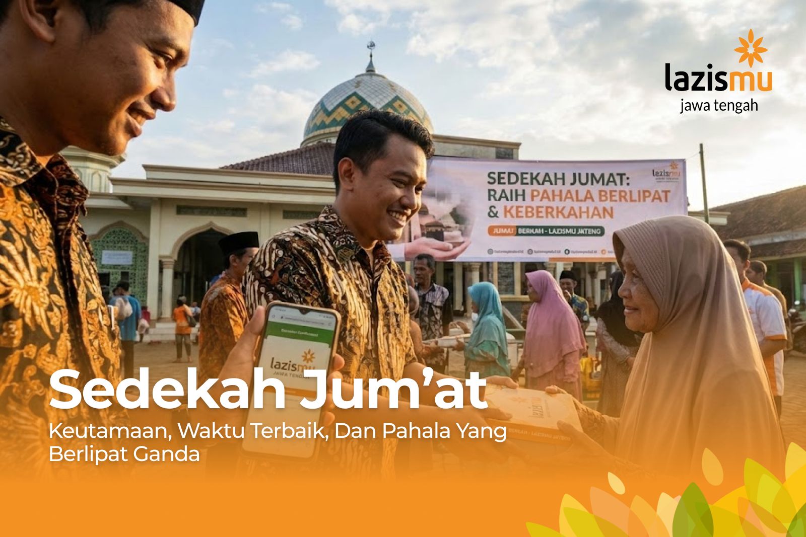 Ilustrasi berbagi sedekah jumat berkah dan donasi online Lazismu Jawa Tengah.