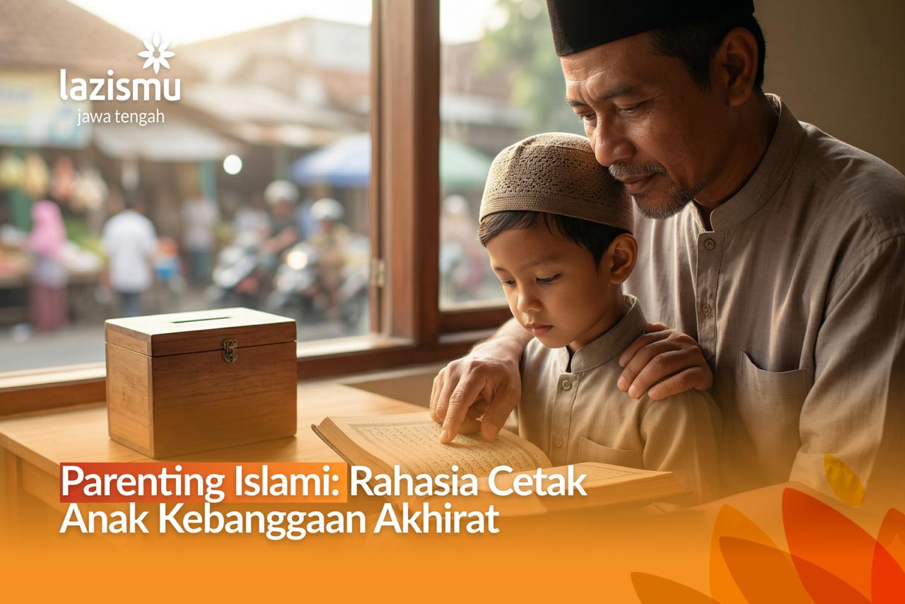 Ayah menemani anak membaca Al-Qur'an sebagai wujud parenting Islami dan investasi amal jariyah di akhirat.