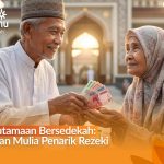 Seorang pria paruh baya memberikan sedekah uang kepada wanita lanjut usia di pelataran masjid yang bercahaya saat matahari terbit.