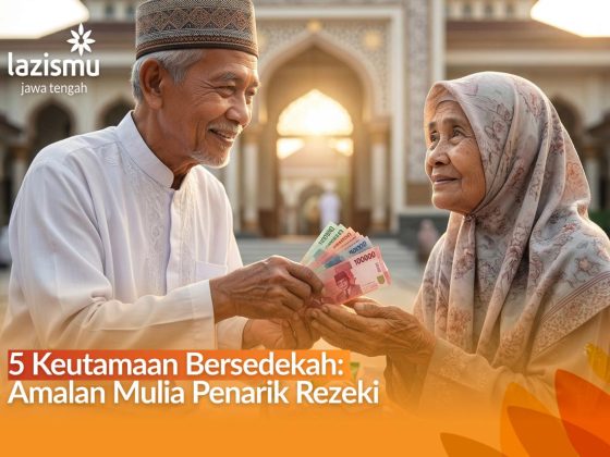 Seorang pria paruh baya memberikan sedekah uang kepada wanita lanjut usia di pelataran masjid yang bercahaya saat matahari terbit.