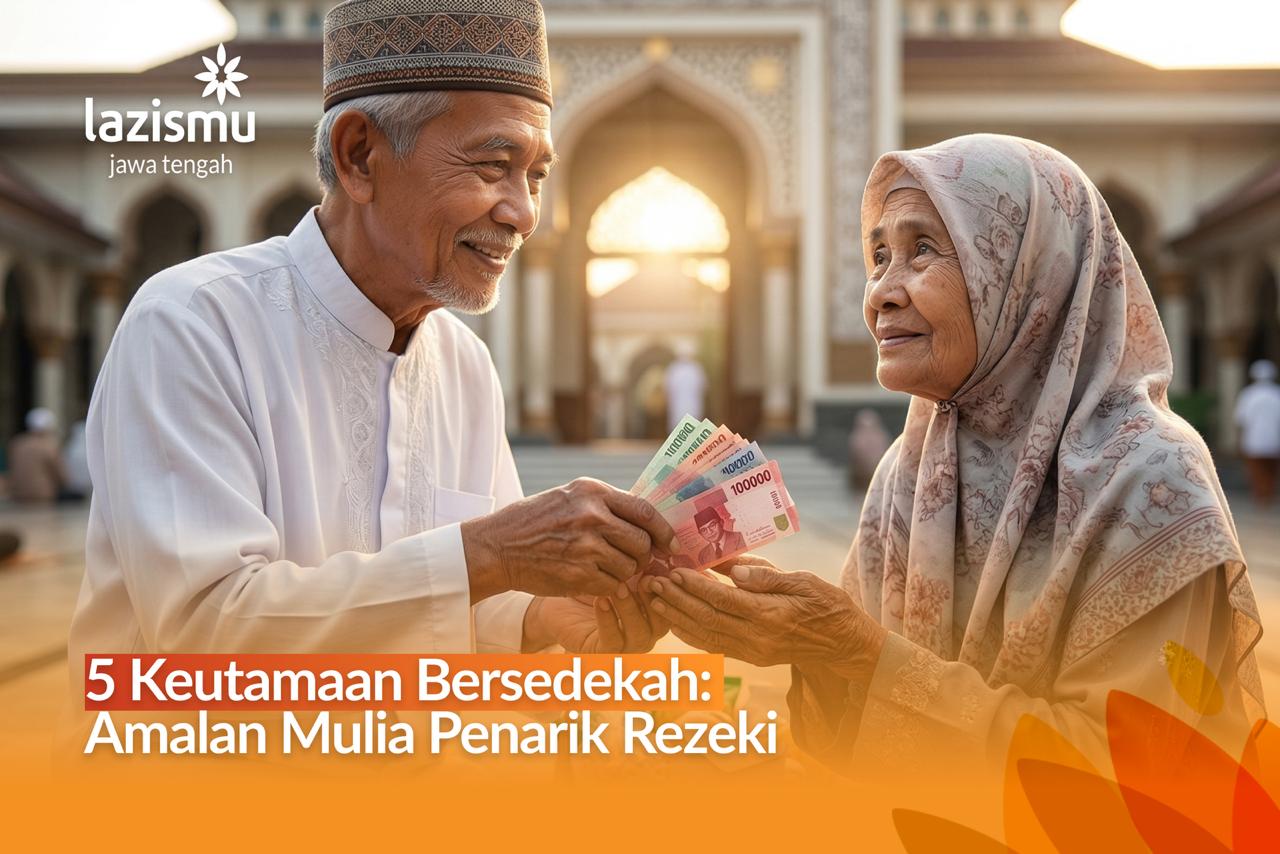 Seorang pria paruh baya memberikan sedekah uang kepada wanita lanjut usia di pelataran masjid yang bercahaya saat matahari terbit.