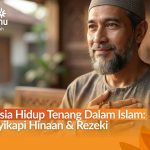 Seorang pria muslim paruh baya tersenyum tenang memasukkan koin ke dalam kotak infak kayu, merepresentasikan ketenangan hidup dan berbagi rezeki.