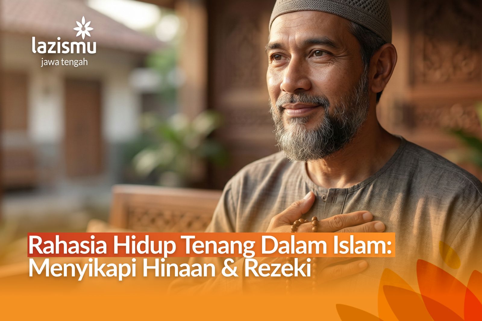 Seorang pria muslim paruh baya tersenyum tenang memasukkan koin ke dalam kotak infak kayu, merepresentasikan ketenangan hidup dan berbagi rezeki.