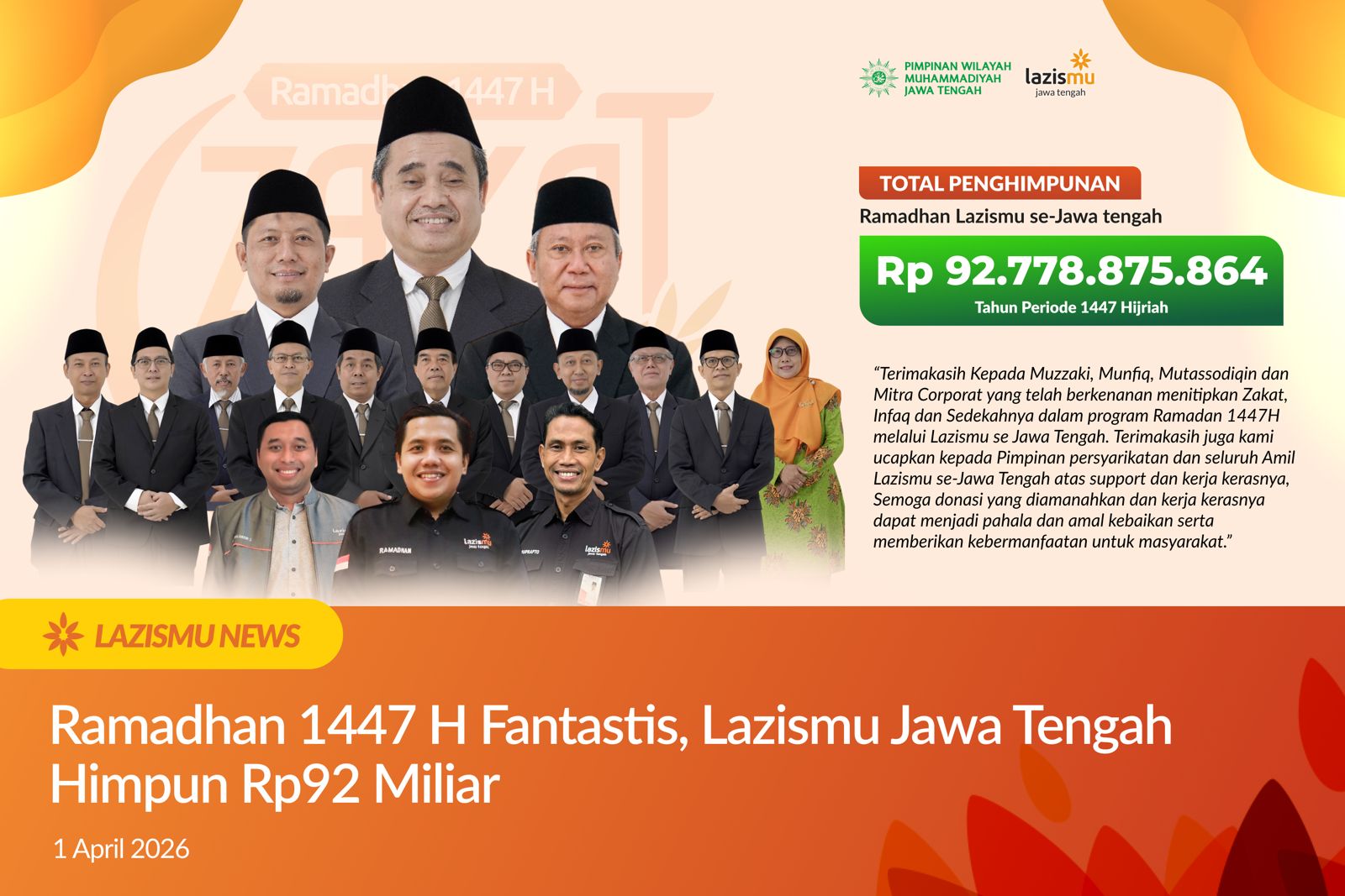 Penyerahan simbolis penghimpunan dana Ramadan 1447H oleh pimpinan Lazismu Jawa Tengah yang mencapai rekor Rp92 miliar