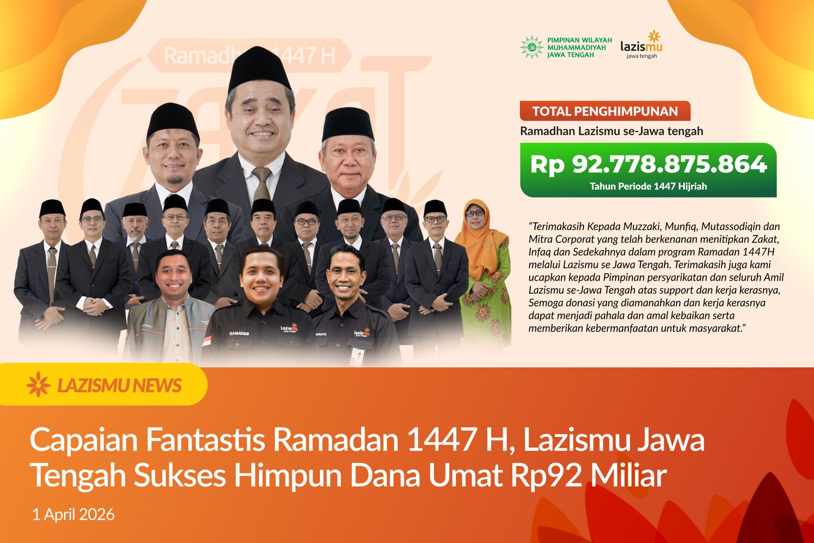 penghimpunan dana Ramadan 1447H oleh pimpinan Lazismu Jawa Tengah yang mencapai rekor Rp92 miliar.