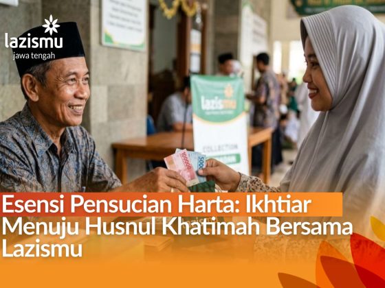 memberikan zakat melalui kotak kayu Lazismu dengan latar orang sedang salat.