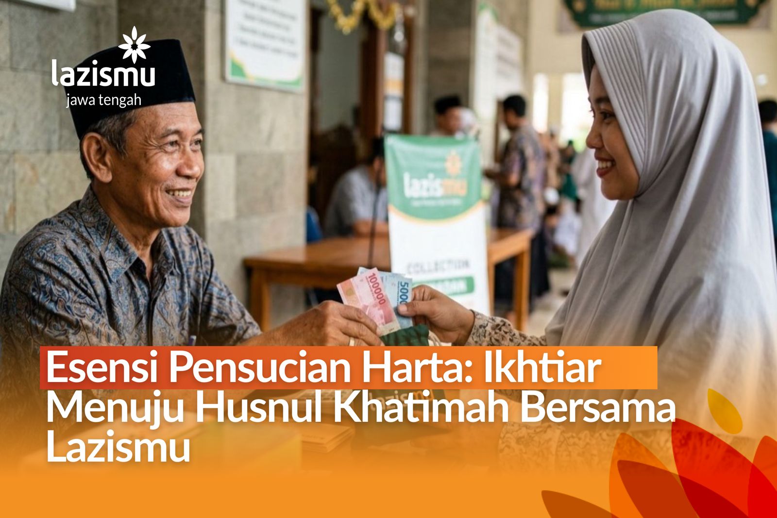 memberikan zakat melalui kotak kayu Lazismu dengan latar orang sedang salat.