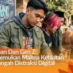 Pemuda Gen Z muslim merenung dengan latar belakang pemandangan desa dan persiapan Iduladha yang realistis.