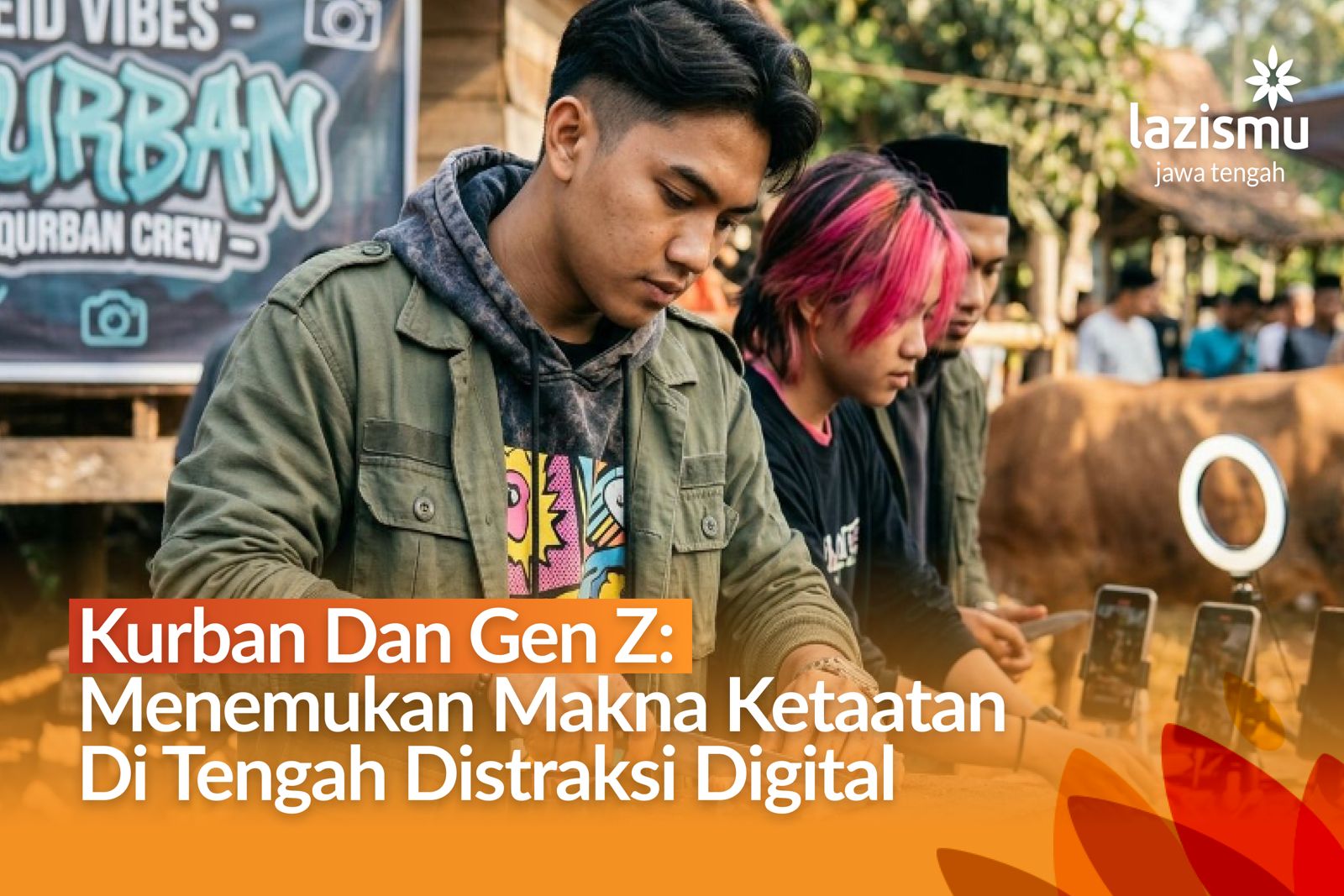 Pemuda Gen Z muslim merenung dengan latar belakang pemandangan desa dan persiapan Iduladha yang realistis.